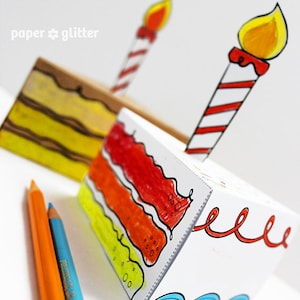Torta di compleanno in carta per bomboniere, scatola per feste, stampabile, foglio da colorare, attività - Testo modificabile, PDF stampabile 1054