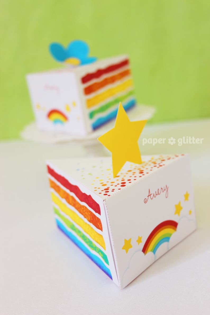 Rainbow Paper Cake Slice favor baking party box printables Editable Text Printable PDF 1051 image 1