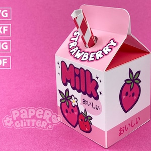 Modèle de boîte en carton de lait de fraise Kawaii: SVG Fichiers coupés pour machines de découpe Cricut & Silhouette / Fichier PDF imprimable à couper à la main. image 2