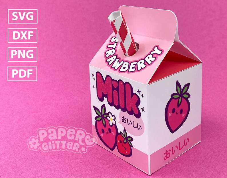 Modèle de boîte en carton de lait de fraise Kawaii: SVG Fichiers coupés pour machines de découpe Cricut & Silhouette / Fichier PDF imprimable à couper à la main. image 2