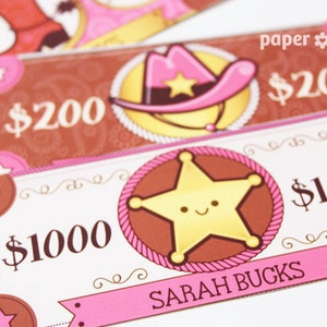 Pink Cowgirl Western Party Paper Toy Money or Gift Certificate Printables - Editable Text PDF-You type in the text to personalize