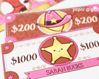 Pink Cowgirl Western Party Paper Toy Money or Gift Certificate Printables - Editable Text PDF-You type in the text to personalize