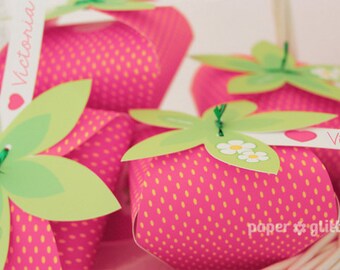 Strawberry Paper favor party box printables  - PINK COLOR Editable Text Printable PDF