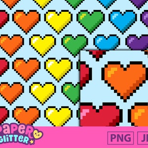 Seamless Rainbow Pixel Hearts Pattern: Imprimable Digital Paper Clip Art Background JPG PNG File