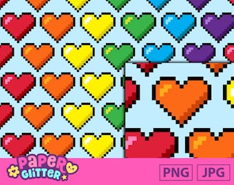 Seamless Rainbow Pixel Hearts Pattern: Printable Digital Paper Clip Art Background JPG PNG File