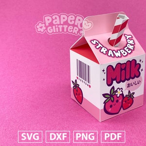 Modèle de boîte en carton de lait de fraise Kawaii: SVG Fichiers coupés pour machines de découpe Cricut & Silhouette / Fichier PDF imprimable à couper à la main. image 3