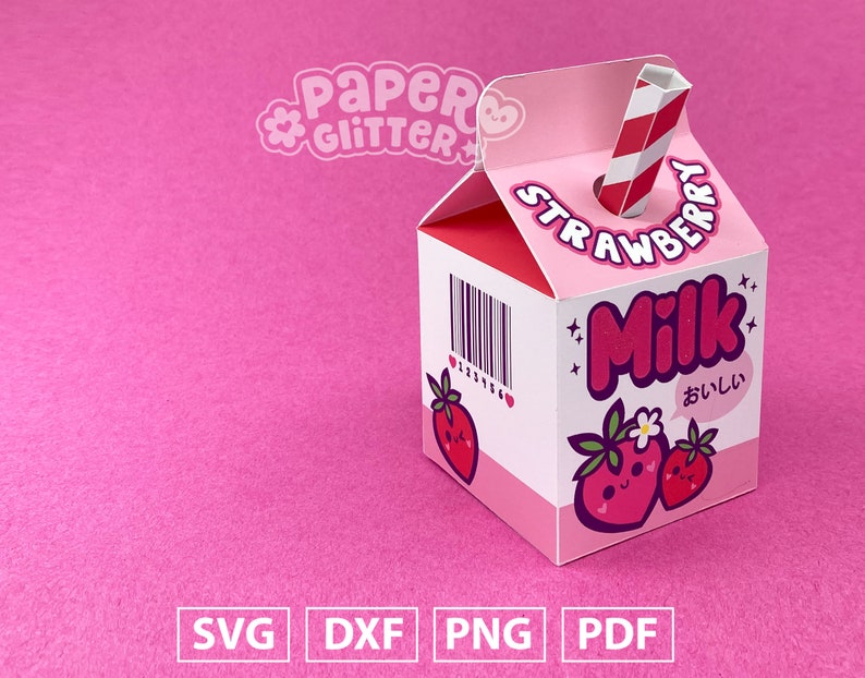 Modèle de boîte en carton de lait de fraise Kawaii: SVG Fichiers coupés pour machines de découpe Cricut & Silhouette / Fichier PDF imprimable à couper à la main. image 3