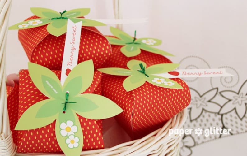 Strawberry Paper favor party box printables RED color Editable Text Printable PDF image 3