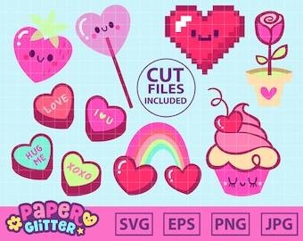 Süßes Kawaii Valentine Sweet Heart Set Clip Art Set Cut Files Vektor Icon Digitale Bilder für Sticker Planner Printables svg eps dxf png jpg