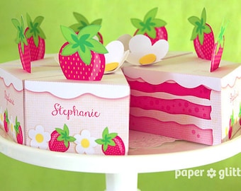 Strawberry Shortcake Paper Cake Slice in PINKS favor baking party box printables - Editable Text Printable PDF 1053