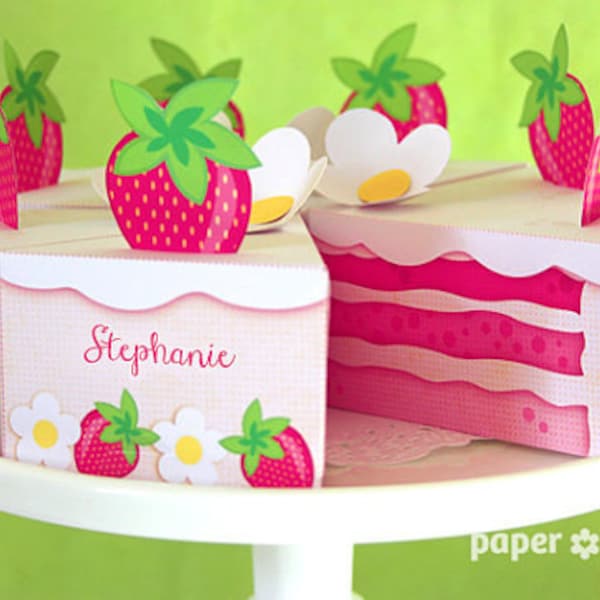 Tranche de gâteau en papier Shortcake à la fraise dans PINKS favor baking party box imprimable - Texte modifiable Imprimable PDF 1053