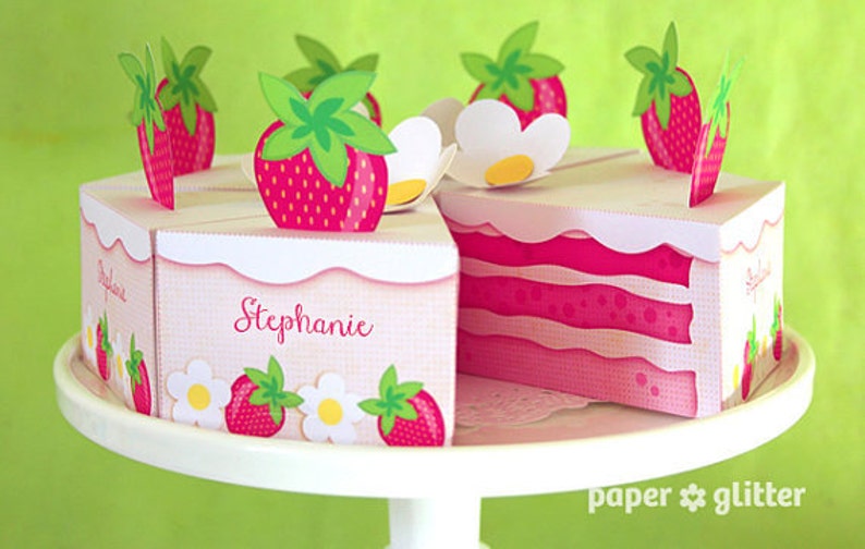 Strawberry Shortcake Paper Cake Slice in PINKS favor baking party box printables Editable Text Printable PDF 1053 image 1