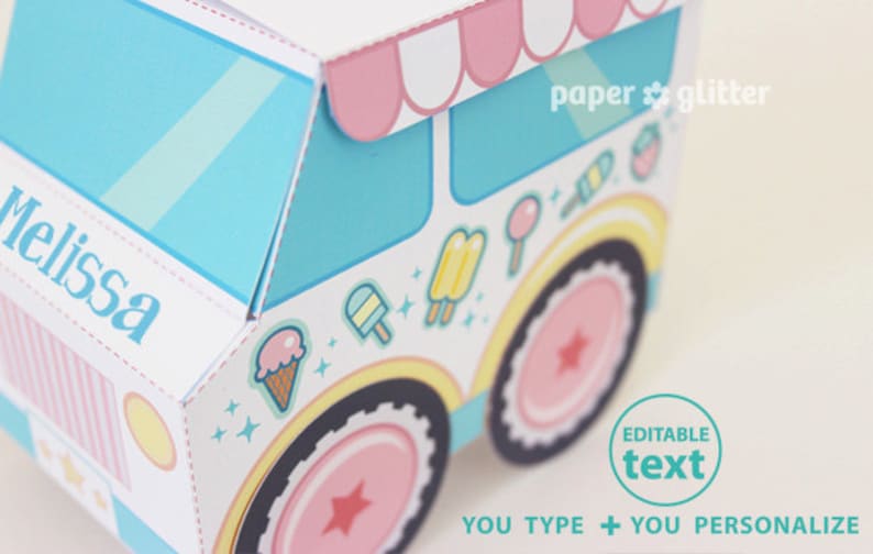 Ice Cream Party Favor Box Truck Paper Craft Toy Pastel Editable Text Printable PDF image 2