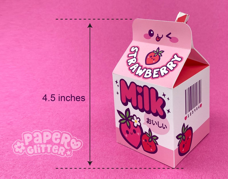 Modèle de boîte en carton de lait de fraise Kawaii: SVG Fichiers coupés pour machines de découpe Cricut & Silhouette / Fichier PDF imprimable à couper à la main. image 4