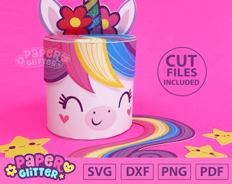 Regenbogen Einhorn Party Favor Template Box Print & Cut Template: SVG Cut Dateien für Cricut Silhouette Schneidemaschinen Druckbare PDF