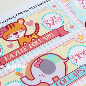 Circus Party Paper Toy Money or Gift Certificate Printables GIRLY - Editable Text PDF-You type in the text to personalize