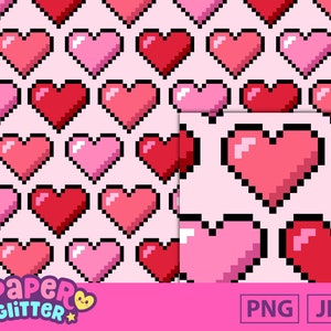 Seamless Pink Red Pixel Hearts Pattern: Printable Digital Paper Clip Art Background JPG PNG File