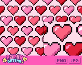 Seamless Pink Red Pixel Hearts Pattern: Printable Digital Paper Clip Art Background JPG PNG File