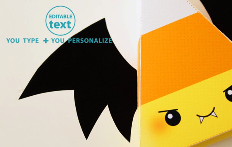 May include: A printable Halloween treat bag template featuring a cartoon candy corn with a mischievous expression and bat wings. The text "YOU TYPE + YOU PERSONALIZE" and "EDITABLE text" is included on the template.