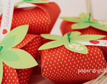 Strawberry Paper favor party box printables - RED color Editable Text Printable PDF
