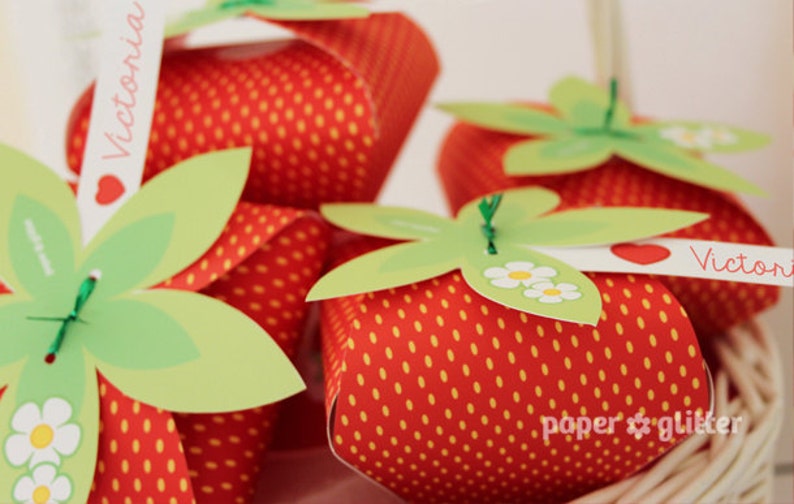 Strawberry Paper favor party box printables RED color Editable Text Printable PDF image 1