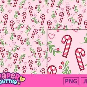 May include: A pink background with a repeating pattern of red and white candy canes, green sprigs with red berries, and pink hearts. The image includes the text "PAPER GLITTER" in a colorful logo, along with "PNG" and "JPG" file type indicators.