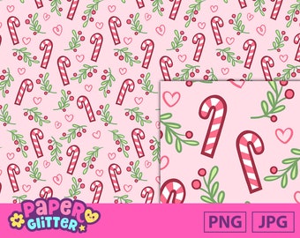 Seamless Candy Cane and Holly Berries Pattern: Printable Digital Paper Clip Art Background JPG File