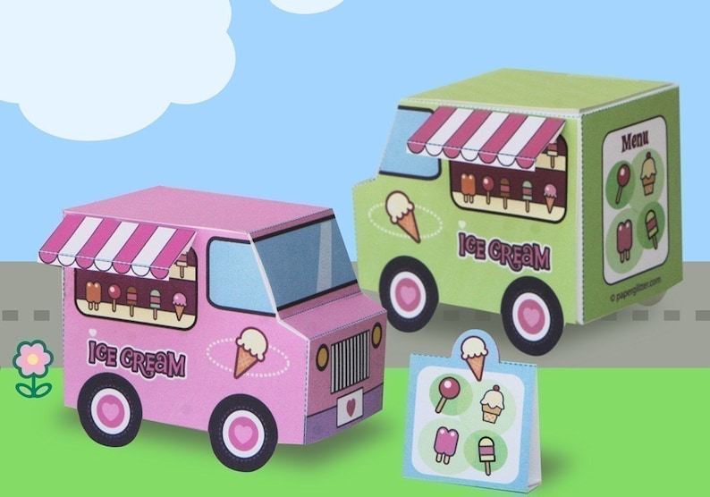 Paper Ice Cream Trucks Toy Kawaii PDF Printable 0017 image 1