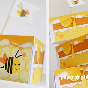 Honing geglazuurde paper cake slice met bij favoriet bakfeest doos printables - Bewerkbare tekst afdrukbare PDF 1061