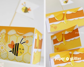 Honey Glazed Paper Cake Slice with Bee favor baking party box imprimibles - Texto editable Imprimible PDF 1061