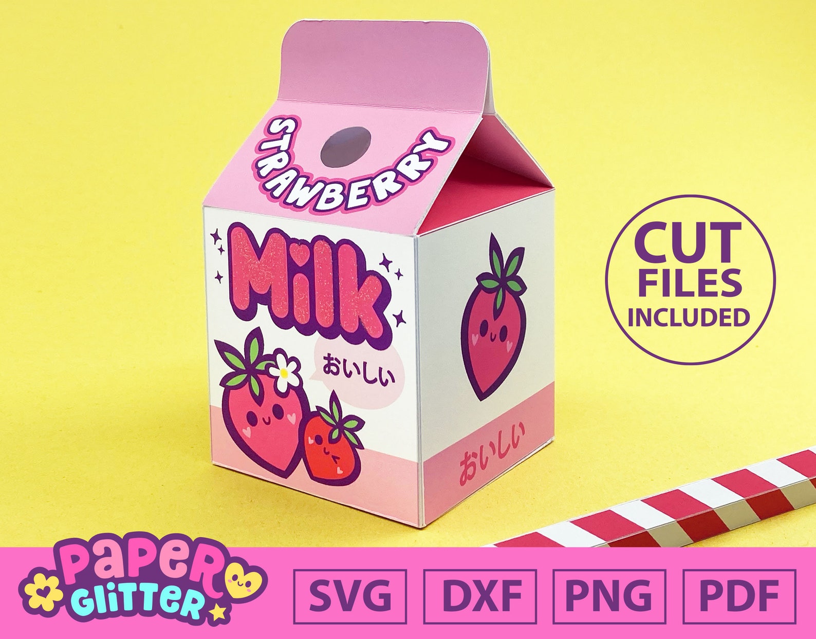 Kawaii Strawberry Milk Carton Box Template SVG + Cut Files for Cricut
