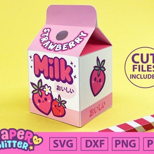 Modelo de caixa de papelão de leite com morango Kawaii: arquivos SVG + cortados para máquinas de corte Cricut e Silhouette / arquivo PDF imprimível para cortar à mão.