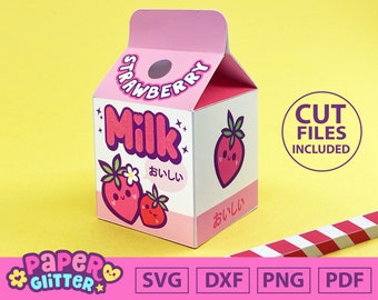 Kawaii Strawberry Milk Carton Box Template: SVG + Cut Files for Cricut & Silhouette Cutting Machines / Printable PDF file to cut by hand.