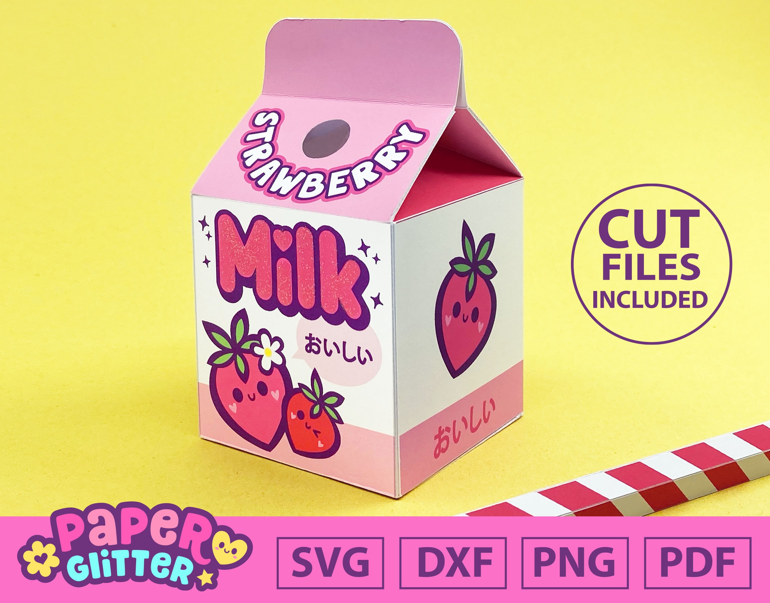 Kawaii Strawberry Milk Carton Box Template: SVG Cut Files for