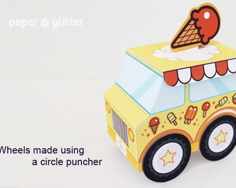 Ice Cream Party Favor Box Truck Paper Craft Toy Yellow - Editable Text Printable PDF
