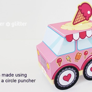 Ice Cream Party Favor Box Truck Paper Craft Toy Pink - Editable Text Printable PDF