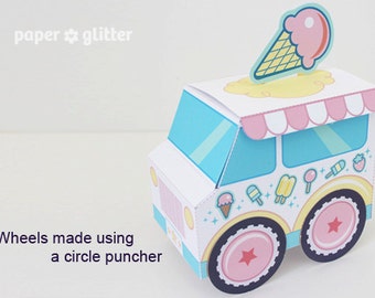 Ice Cream Party Favor Box Truck Paper Craft Toy Pastel- Editable Text Printable PDF