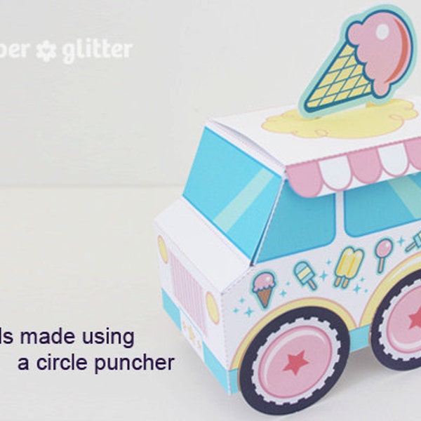 Ice Cream Party Favor Box Truck Paper Craft Toy Pastel- Editable Text Printable PDF