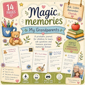Könnte beinhalten: Ein druckbares Journal mit dem Titel "Magic Memories: My Grandparents" mit 14 Seiten. Das Design umfasst einen Teddybären, Bleistifte in einer Tasse und einen Apfel auf Büchern. Es bietet Fragen und Platz zum Zeichnen.