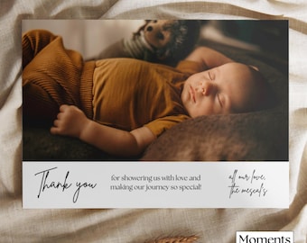 Plantilla de tarjeta de agradecimiento para baby shower con foto de recién nacido