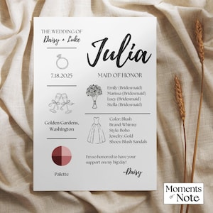 Modèle de carte d'informations de demoiselle d'honneur Carte d'informations de garçons d'honneur Carte d'informations de fête nuptiale Infographie de demoiselle d'honneur Meilleur homme inviter pour un mariage minimaliste