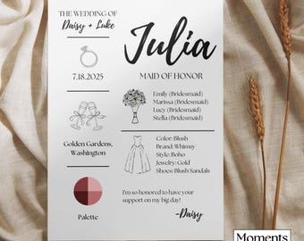 May include: A printable wedding party card for a maid of honor named Julia. The card includes the wedding date, location, and color palette. It also lists the names of the bridesmaids and details about the maid of honor's dress.