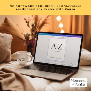 May include: A laptop displaying a digital design with the text "AZ" and "Baby's First ABC Book." A white mug with "Moments of Note" is next to the laptop. The image also includes text that says "NO SOFTWARE REQUIRED - edit/download easily from any device with Canva."