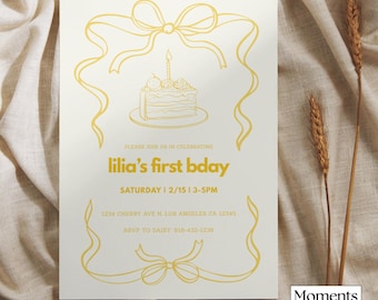 Plantilla de invitación de Canva para primer cumpleaños con lazo amarillo y pastel
