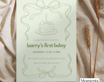 Plantilla de invitación de Canva para primer cumpleaños con lazo verde y pastel