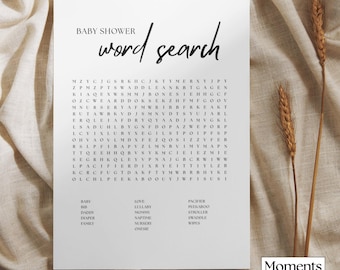 Sopa de letras para baby shower: Actividad minimalista (Descarga digital, plantilla Canva tamaño carta y 5x7)