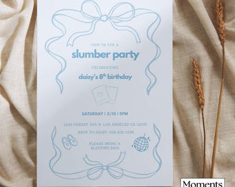 Plantilla de invitación para fiesta de pijamas, cumpleaños azul, pijamada, descarga digital editable