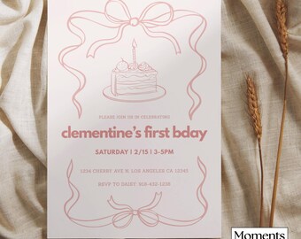 Plantilla de invitación de Canva para primer cumpleaños con lazo rosa y pastel