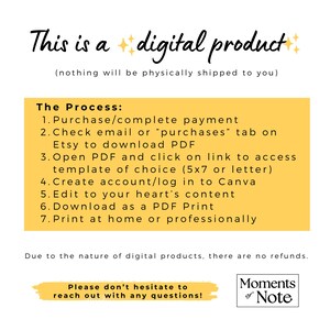 May include: Image with text: "This is a digital product." Instructions include purchasing, downloading a PDF, editing in Canva, and printing. The text also states that there are no refunds due to the nature of digital products.