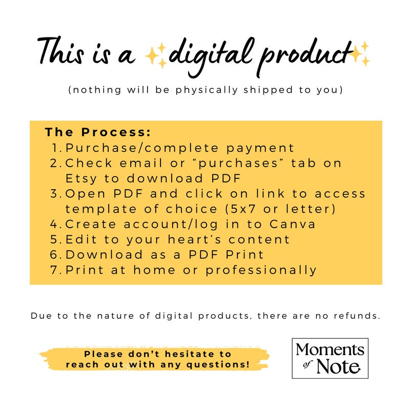 May include: Image with text: "This is a digital product." Instructions include purchasing, downloading a PDF, editing in Canva, and printing. The text also states that there are no refunds due to the nature of digital products.